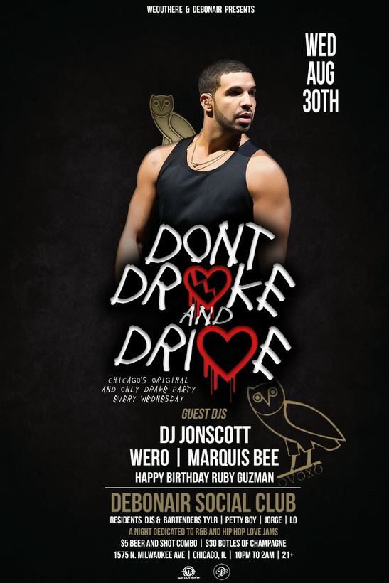 Don't Drake & Drive flyer, Debonair Social Club, Aug 2017