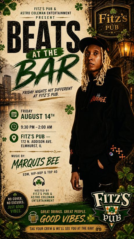Beats At The Bar flyer, Fitz's Pub, Aug 2026